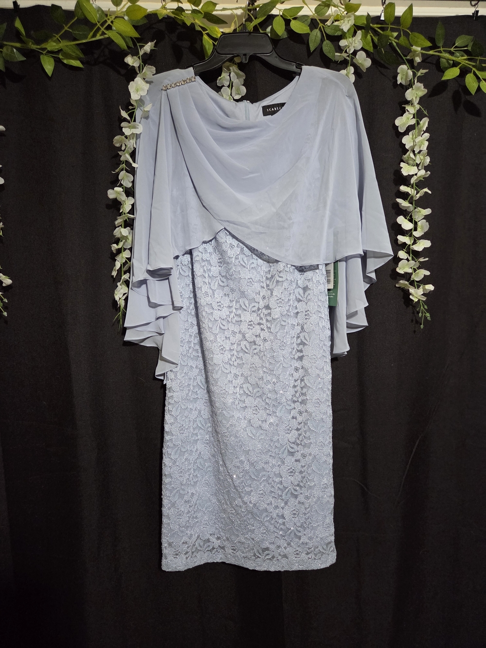 Scarlett Light Blue Lace Midi Dress with Draped Chiffon Capelet
